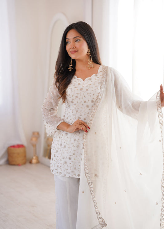 Elegant White Embroidered Chinon Kurti Sharara Set with Dupatta for Women | Party & Wedding Wear by Jagraa