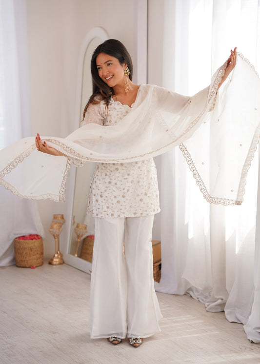Elegant White Embroidered Chinon Kurti Sharara Set with Dupatta for Women | Party & Wedding Wear by Jagraa