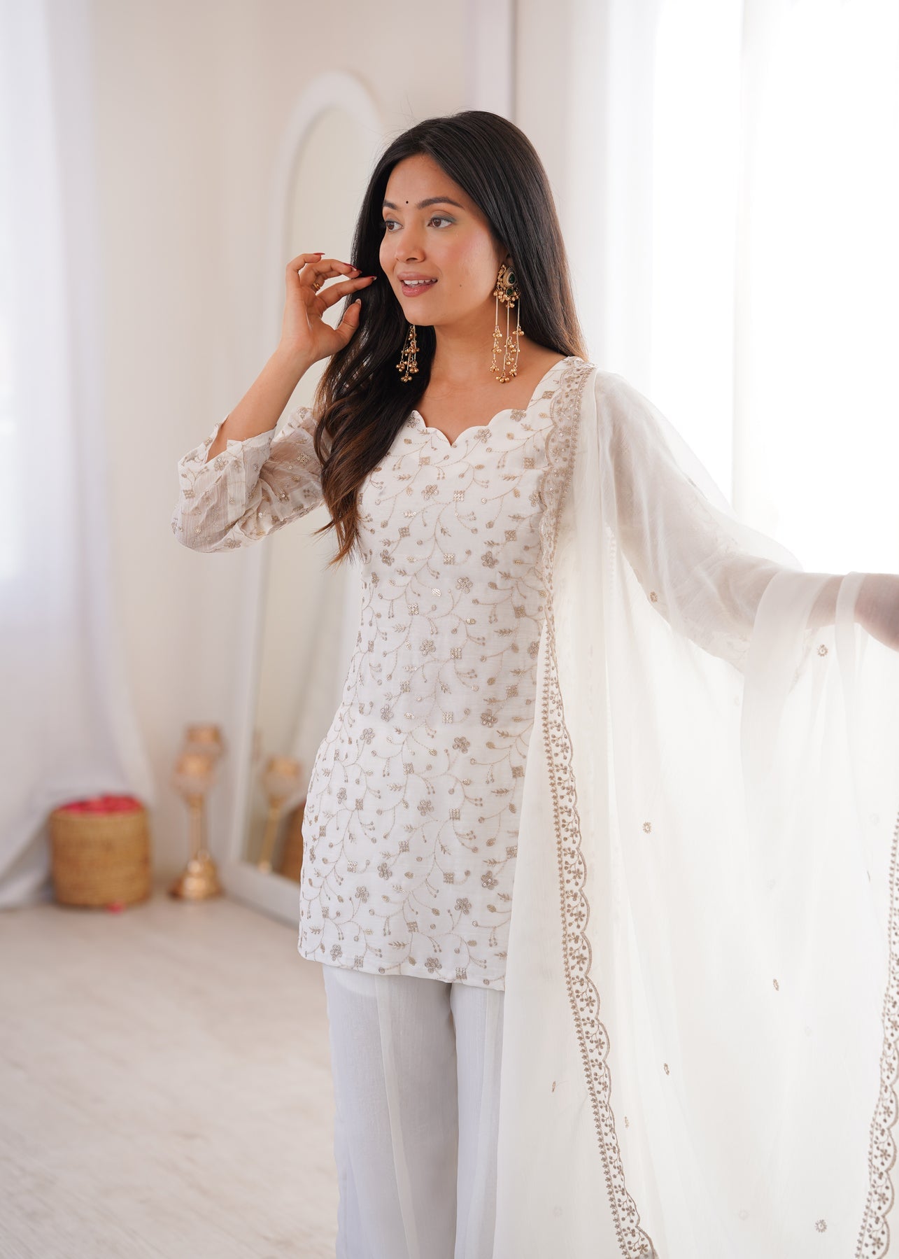 Elegant White Embroidered Chinon Kurti Sharara Set with Dupatta for Women | Party & Wedding Wear by Jagraa