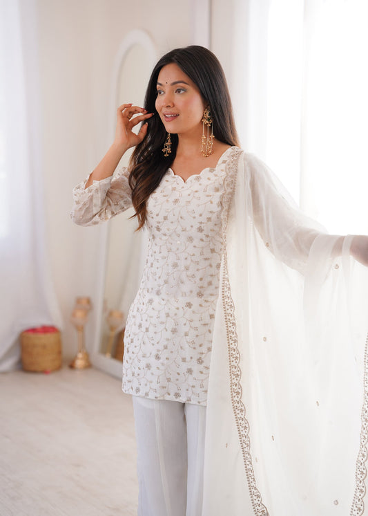 Elegant White Embroidered Chinon Kurti Sharara Set with Dupatta for Women | Party & Wedding Wear by Jagraa