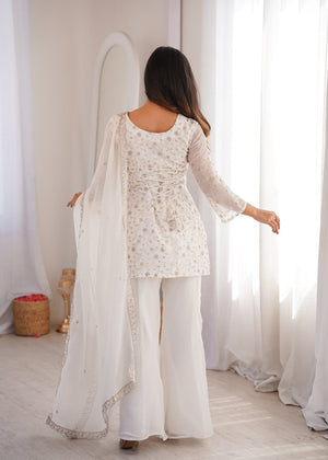 Elegant White Embroidered Chinon Kurti Sharara Set with Dupatta for Women | Party & Wedding Wear by Jagraa