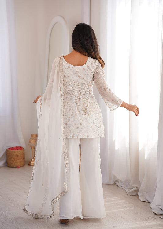 Elegant White Embroidered Chinon Kurti Sharara Set with Dupatta for Women | Party & Wedding Wear by Jagraa