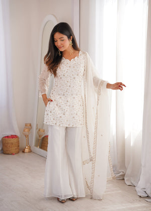 Elegant White Embroidered Chinon Kurti Sharara Set with Dupatta for Women | Party & Wedding Wear by Jagraa